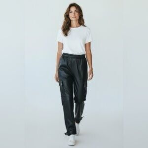 Elegant Black vegan leather Cargo Trousers